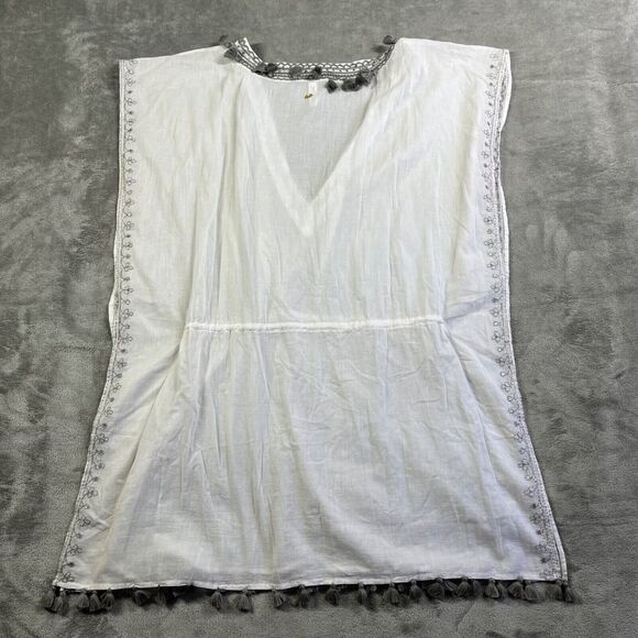 PilyQ PQ Swim Cover-Up Sz XS/S White Gray Tassel Trim Embroidered Boho Beachwear - Picture 2 of 8